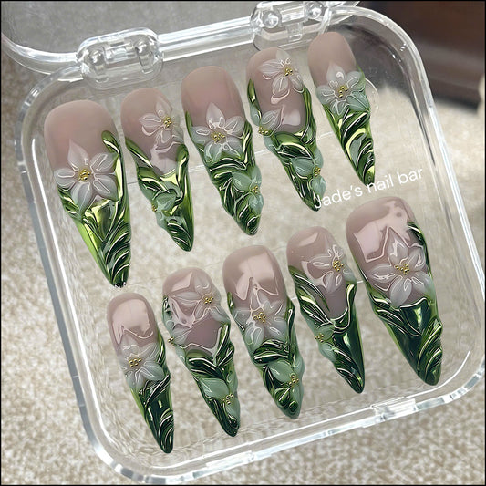 3D White Lily & Metallic Green Chrome Press-On Nails | Cottagecore Art