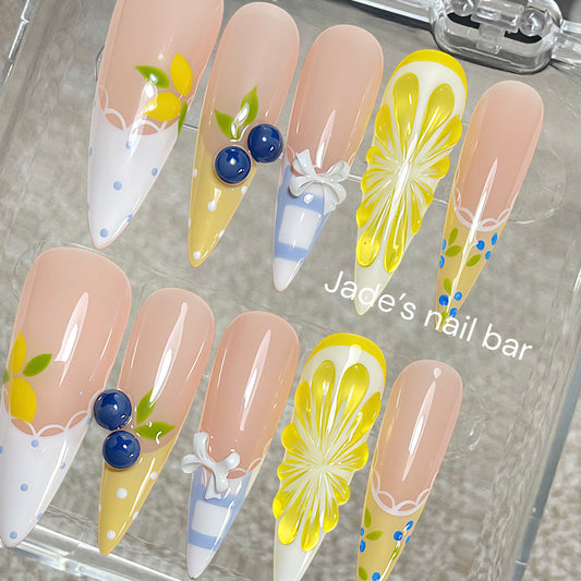 Blueberry Lemon Press On Nails | Cute 3D Fruit Floral Summer Nail Set