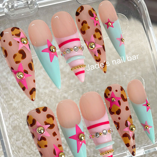 Gyaru Press On Nails | Pink & Mint Leopard Print Handmade Reusable Gel Press On Nails