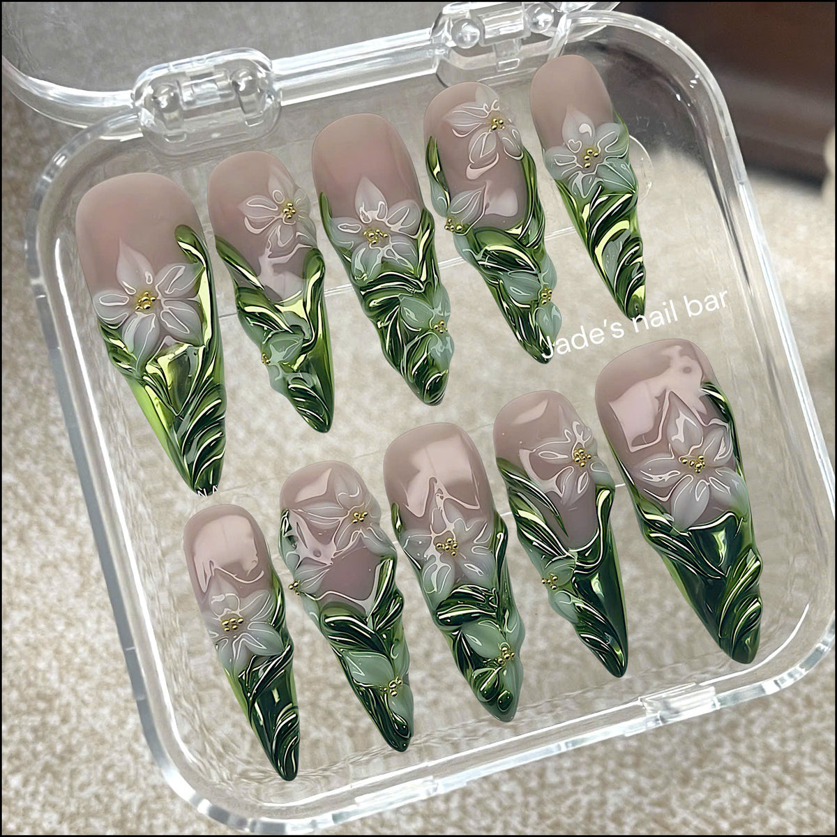 3D White Lily & Metallic Green Chrome Press-On Nails | Cottagecore Art