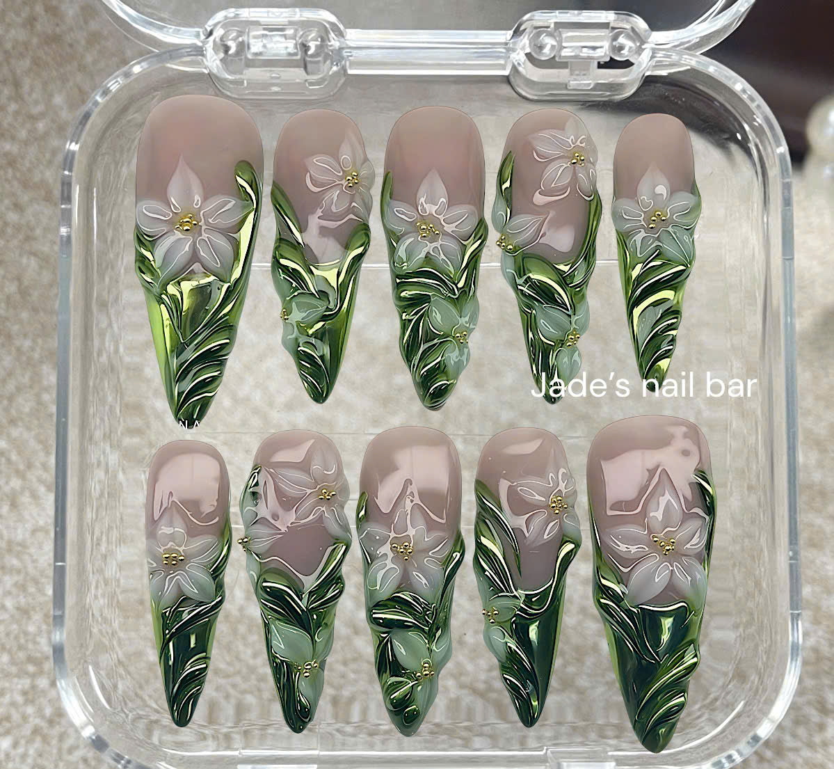 3D White Lily & Metallic Green Chrome Press-On Nails | Cottagecore Art