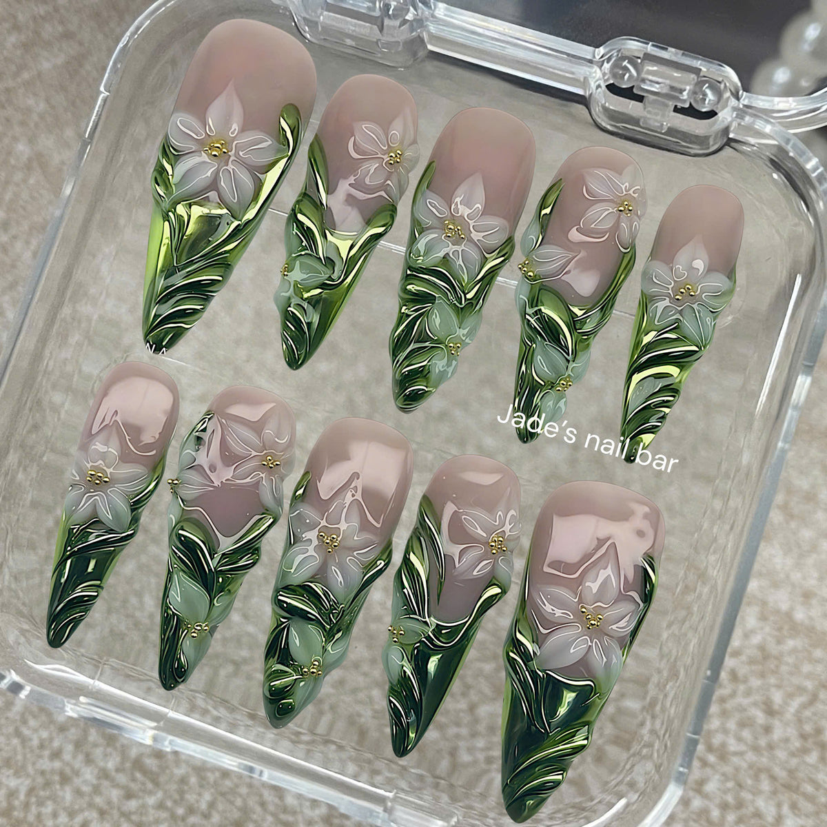 3D White Lily & Metallic Green Chrome Press-On Nails | Cottagecore Art