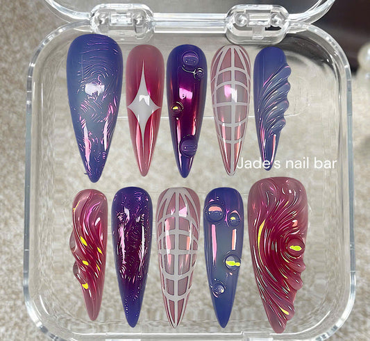 Cyberpunk Purple Chrome & Spiderweb Handcrafted Press-On Nails | Y2K Nail Set