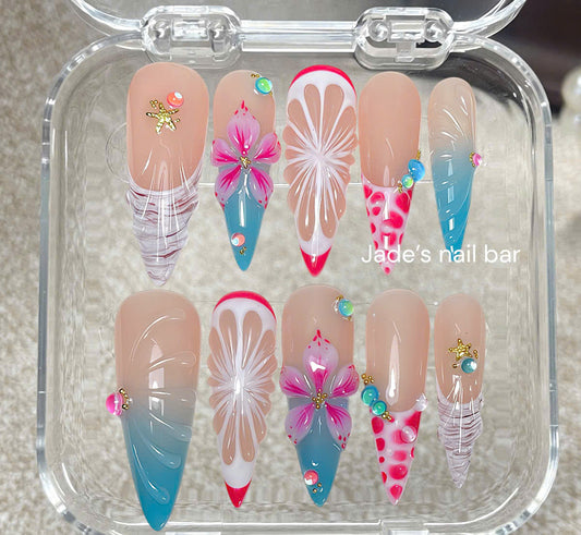 Tropical Hibiscus & Seashell Handcrafted Press-On Nails | Beach Vacation Set