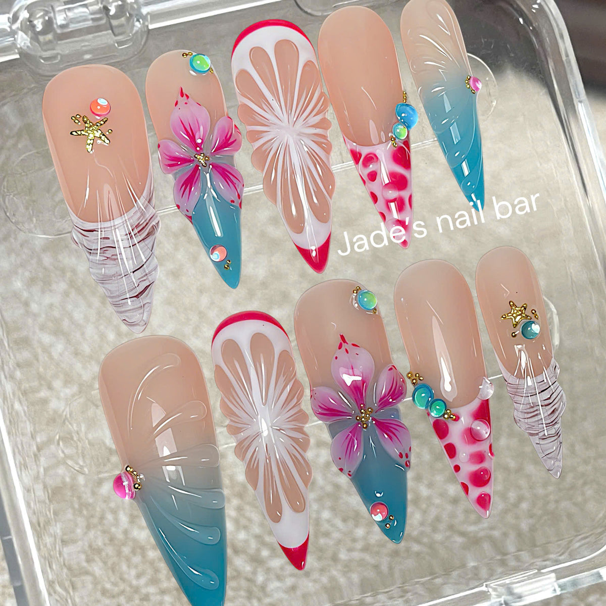 Tropical Hibiscus & Seashell Handcrafted Press-On Nails | Beach Vacation Set