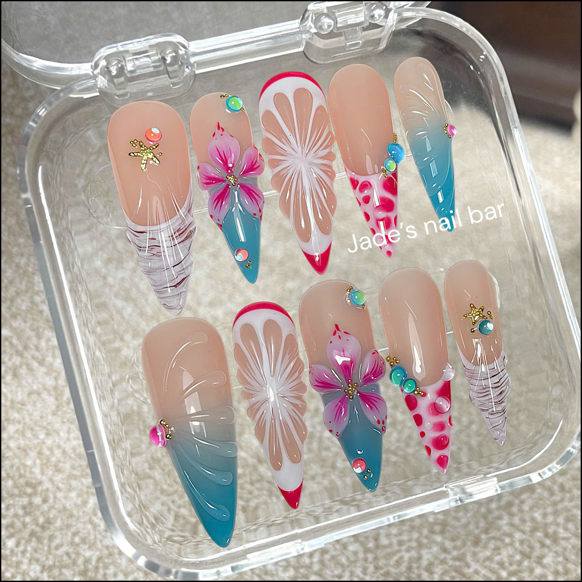 Tropical Hibiscus & Seashell Handcrafted Press-On Nails | Beach Vacation Set