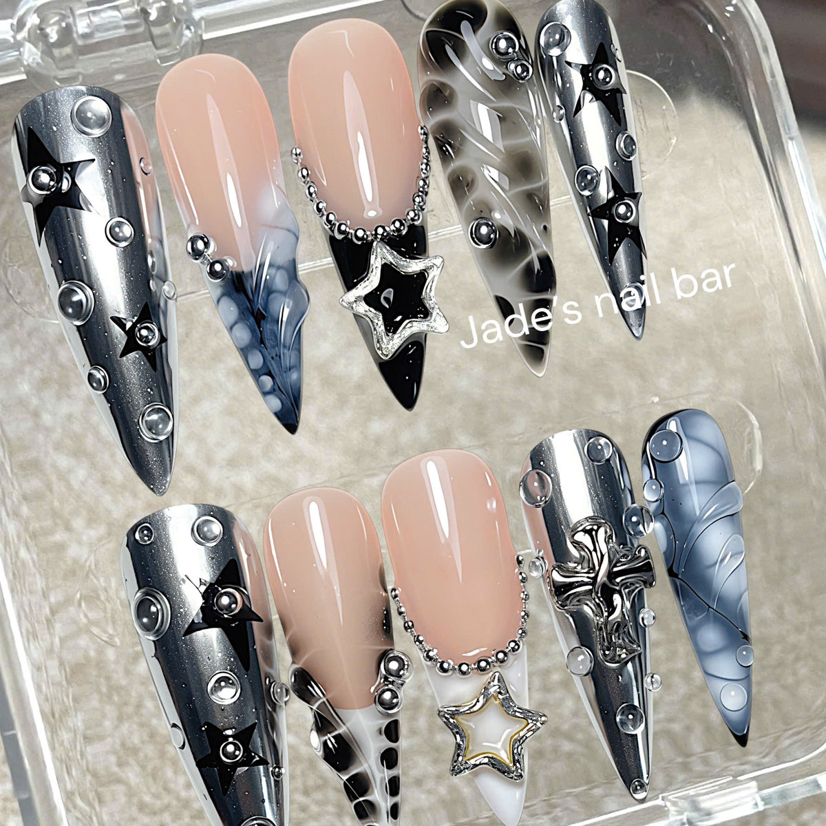 Silver Chrome Gothic Star Press On Nails| Cyberpunk Metal Stiletto Set