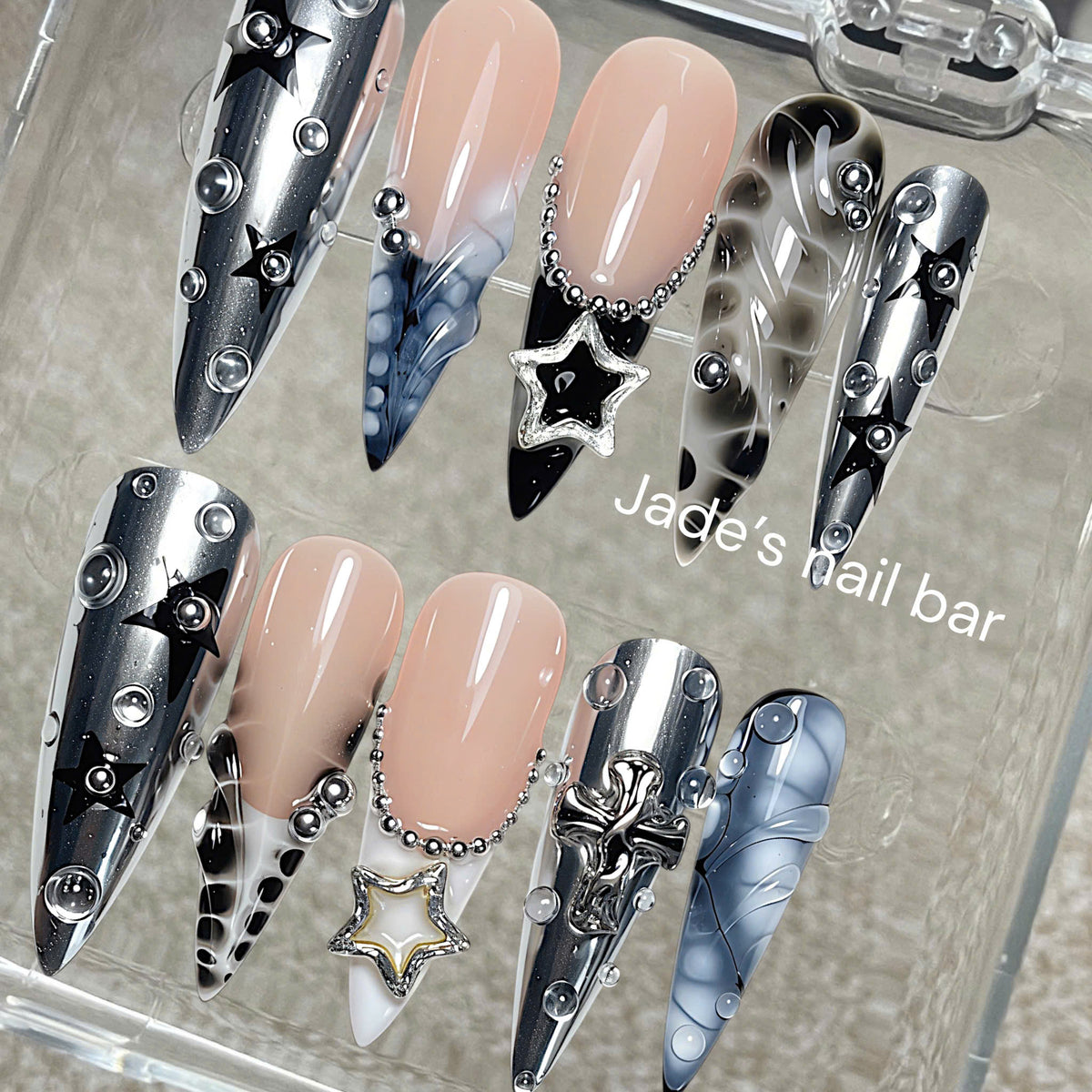 Silver Chrome Gothic Star Press On Nails| Cyberpunk Metal Stiletto Set
