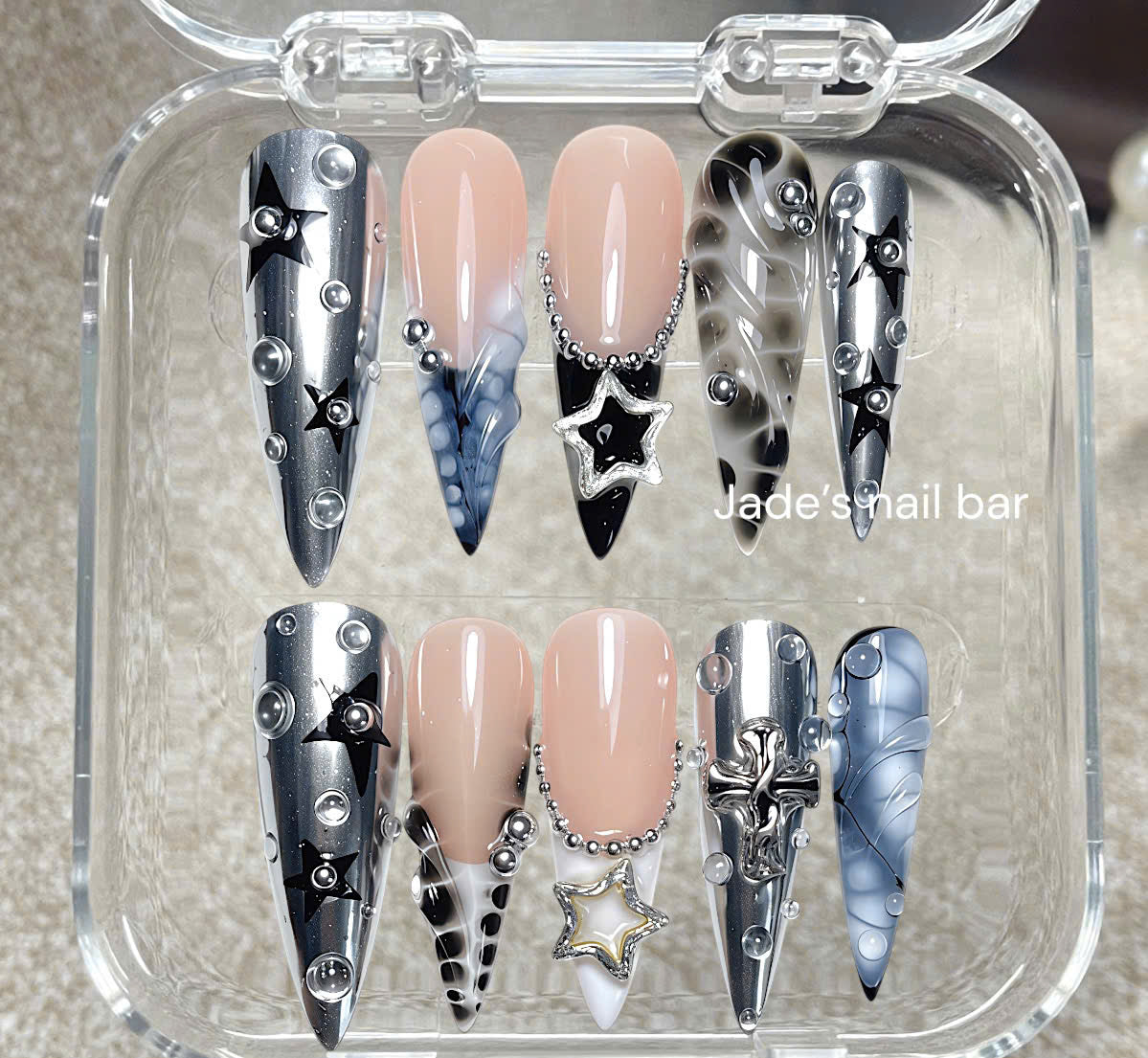 Silver Chrome Gothic Star Press On Nails| Cyberpunk Metal Stiletto Set