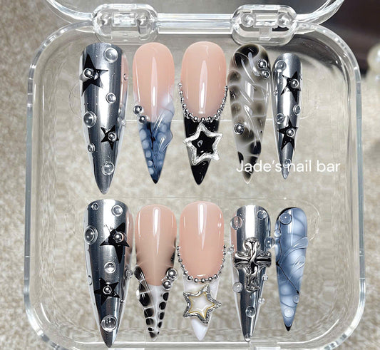Silver Chrome Gothic Star Press On Nails| Cyberpunk Metal Stiletto Set
