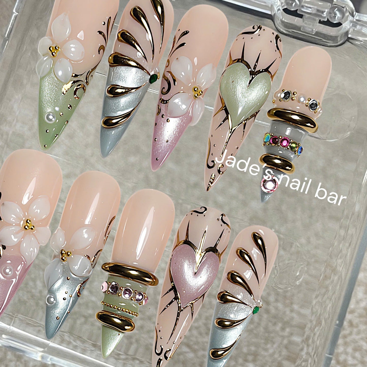 Fairycore Press On Nails - 3D Sculpted Blossom, Gold Ring & Pastel Cat Eye Set