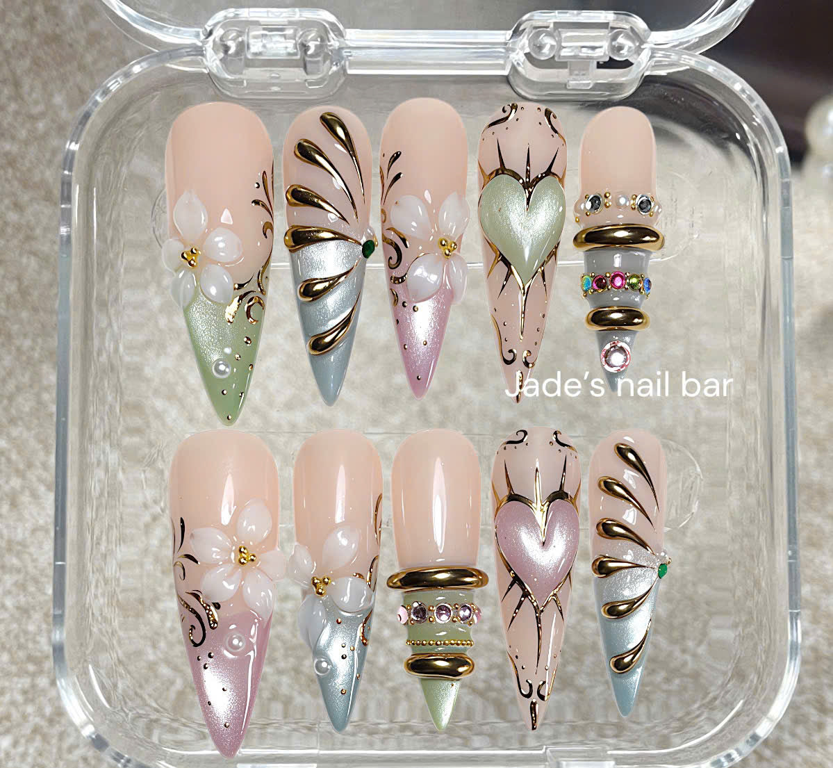 Fairycore Press On Nails - 3D Sculpted Blossom, Gold Ring & Pastel Cat Eye Set