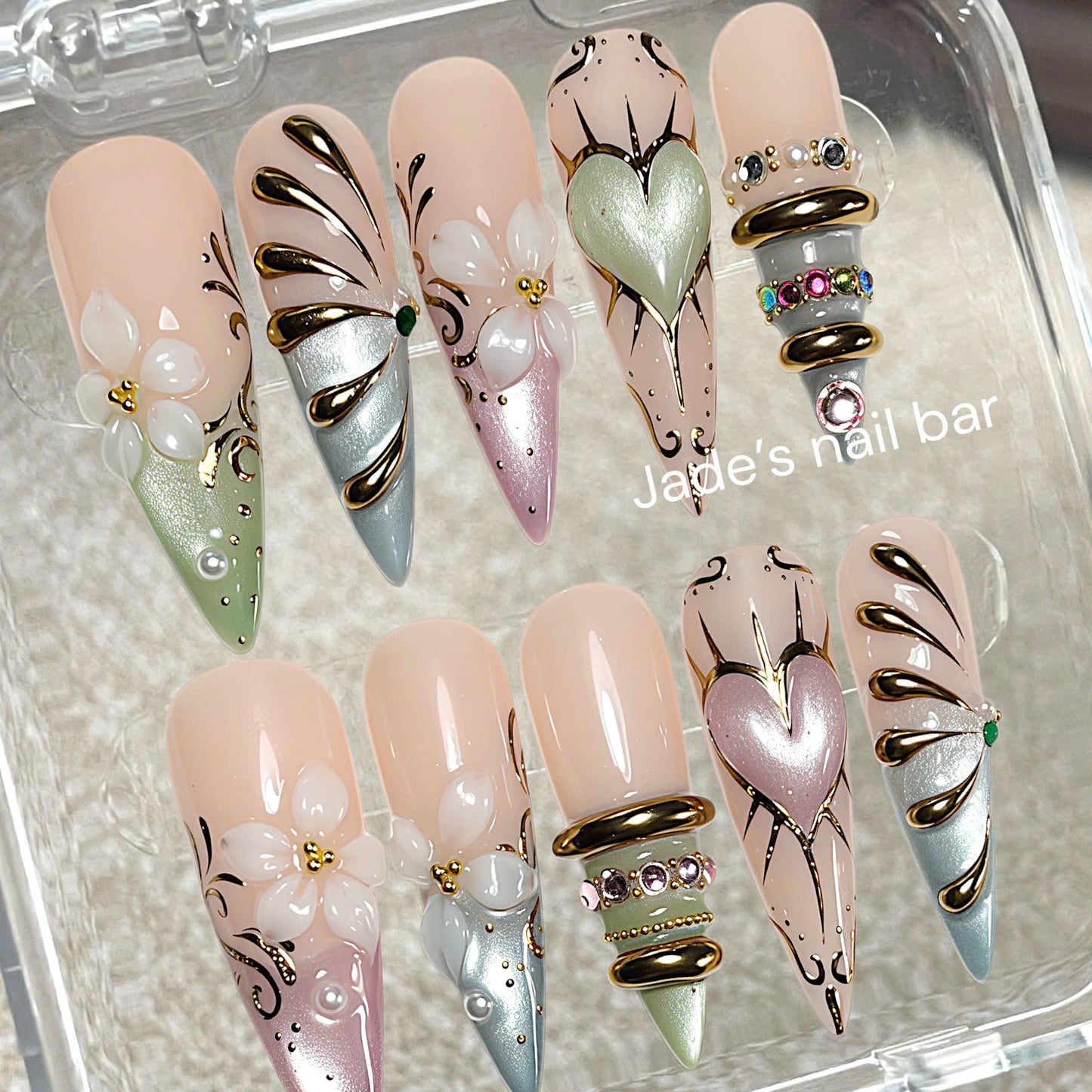Fairycore Press On Nails - 3D Sculpted Blossom, Gold Ring & Pastel Cat Eye Set