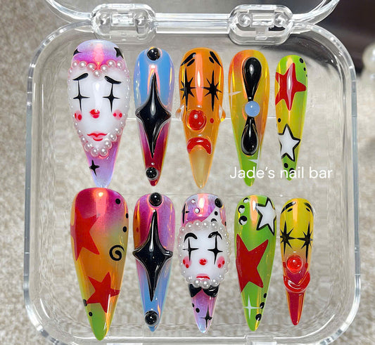 Halloween Clown Press on Nails with 3D Design| Trendy 2026 Halloween Nails