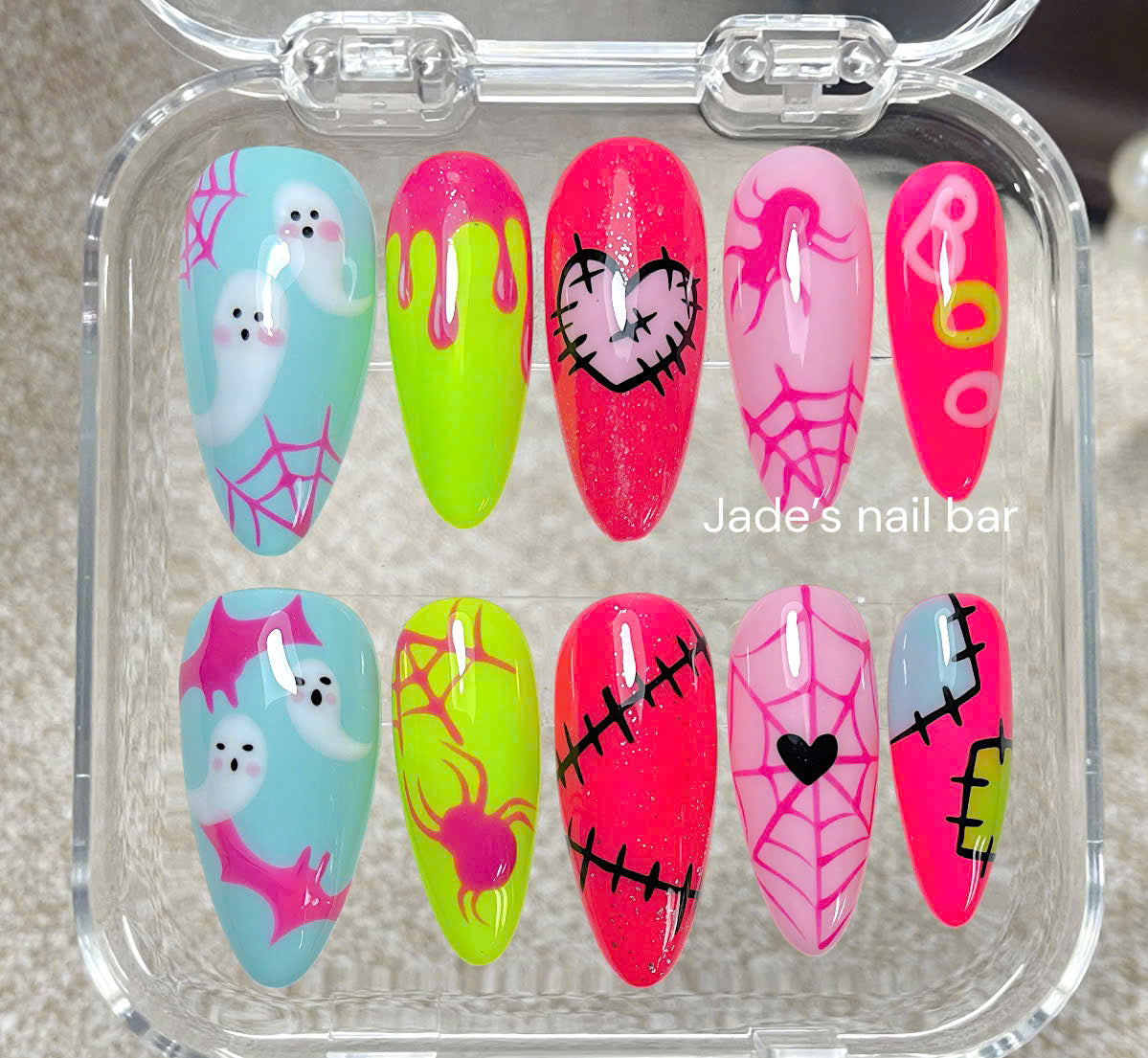Halloween Neon Ghost Press on Nails with Hand painted Design| Trendy 2026 Halloween Nails (Copy)