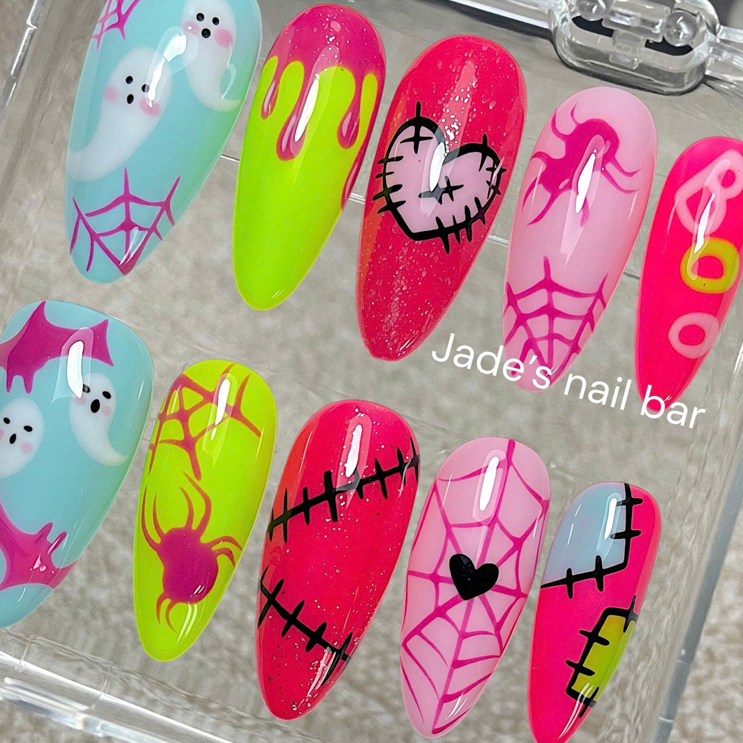 Halloween Neon Ghost Press on Nails with Hand painted Design| Trendy 2026 Halloween Nails (Copy)