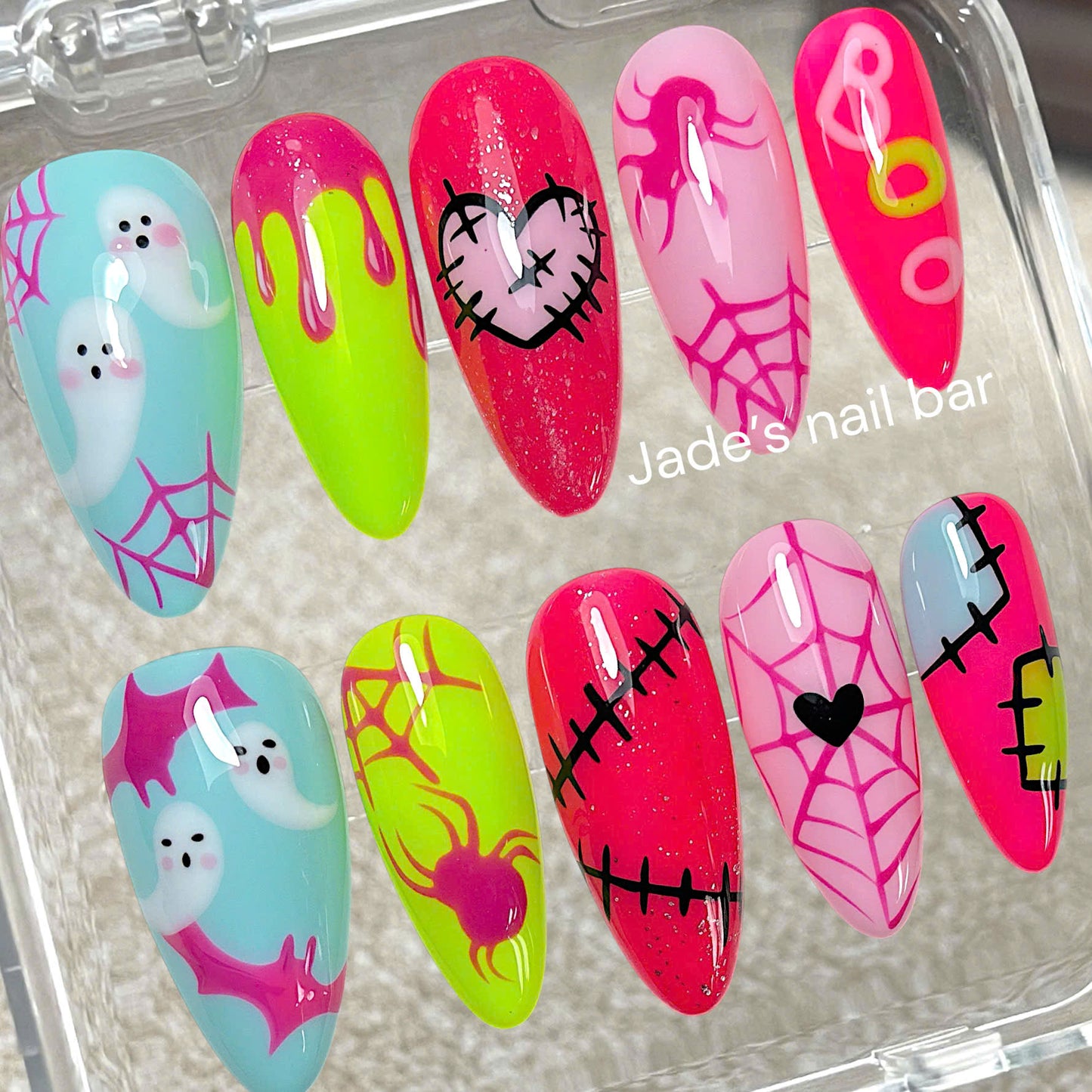 Halloween Neon Ghost Press on Nails with Hand painted Design| Trendy 2026 Halloween Nails (Copy)