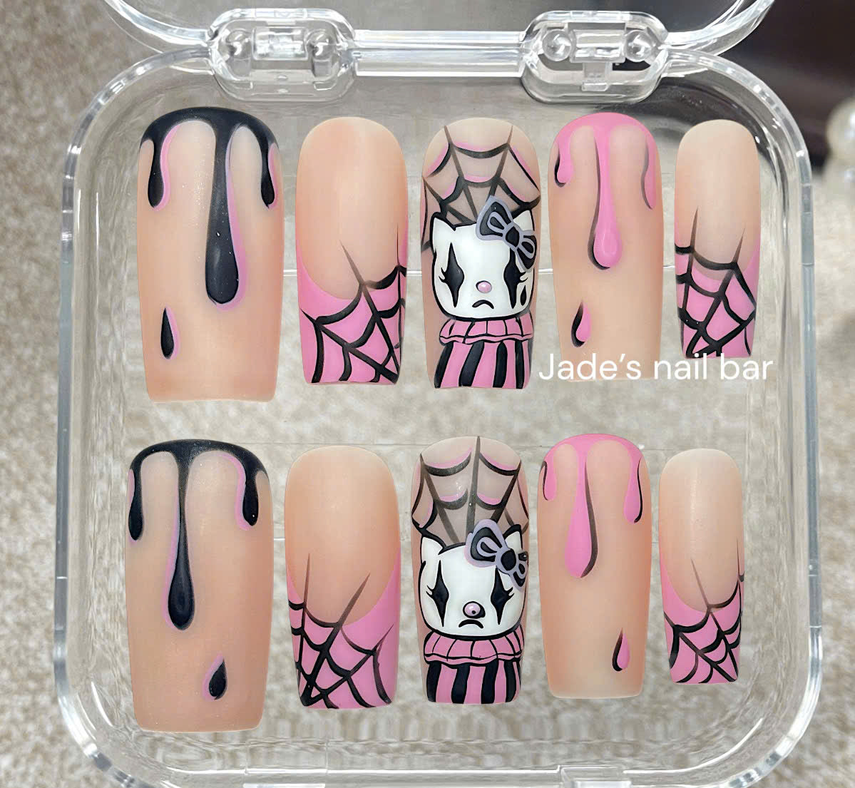 Halloween Kitty Sad Clown Press on Nails with Hand painted Design - Trendy 2026 Halloween Nails