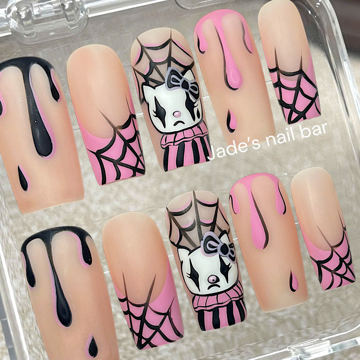 Halloween Kitty Sad Clown Press on Nails with Hand painted Design - Trendy 2026 Halloween Nails