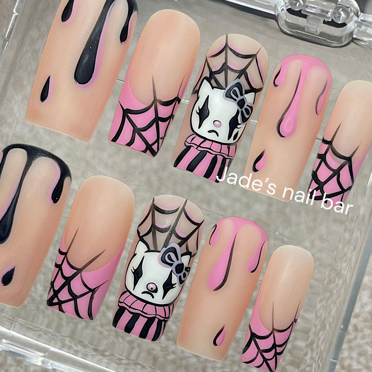 Halloween Kitty Sad Clown Press on Nails with Hand painted Design - Trendy 2026 Halloween Nails
