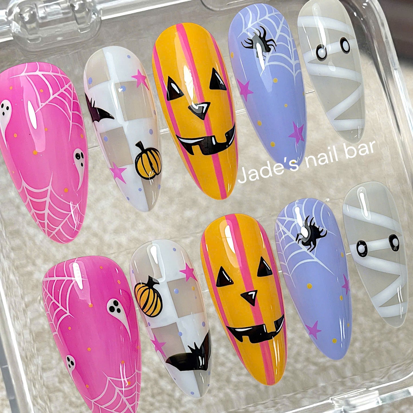 Cute Halloween Press on Nails with Pumpkin and Ghost Handpainted Design - Trendy 2026 Halloween Nails