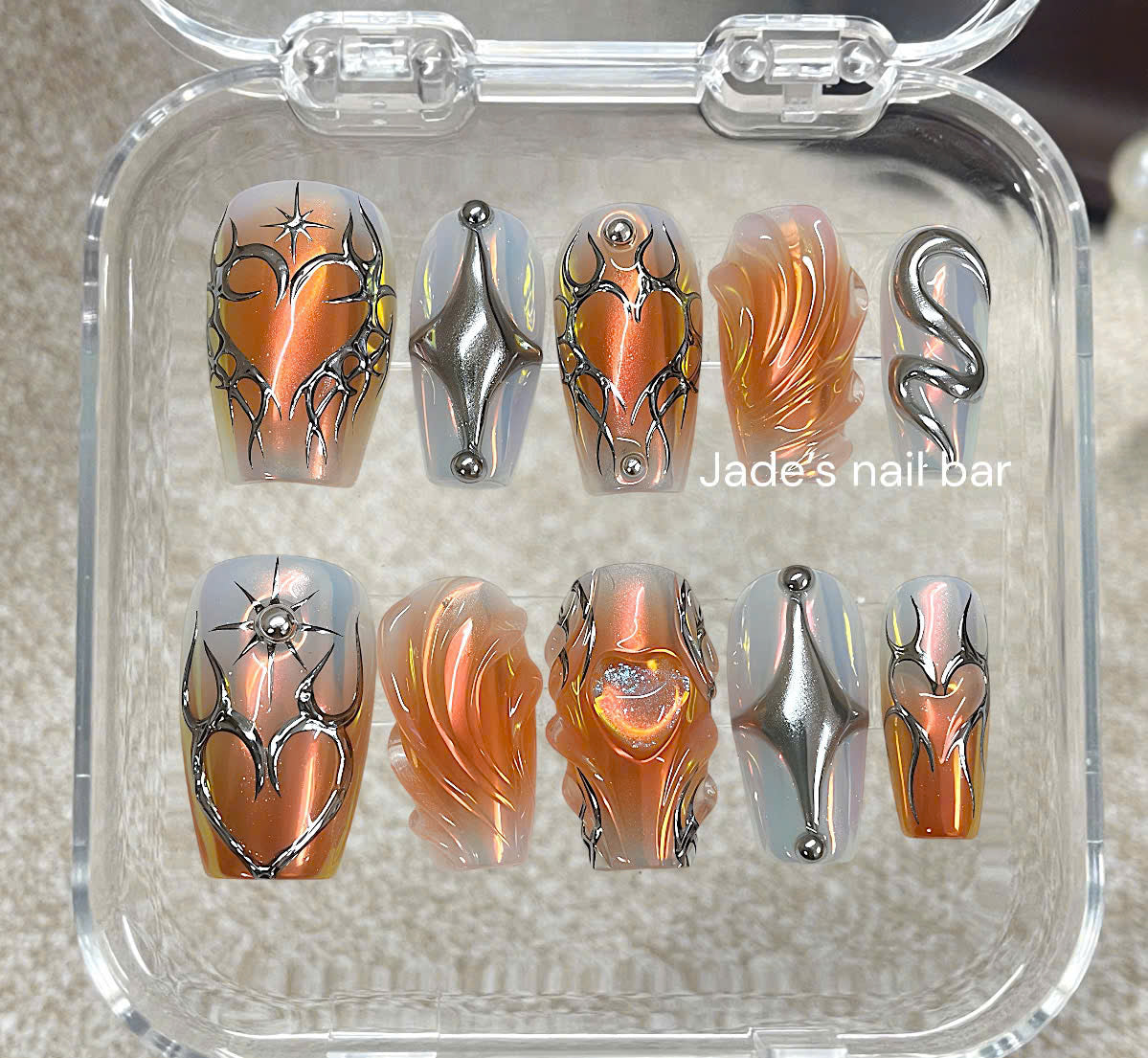 Aurora Chrome Heart Press On Nails | Futuristic Cyber Nails | Metallic Y2K Statement Nails