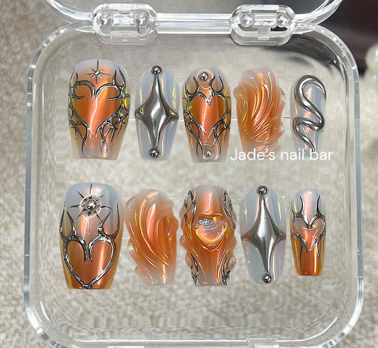 Aurora Chrome Heart Press On Nails | Futuristic Cyber Nails | Metallic Y2K Statement Nails