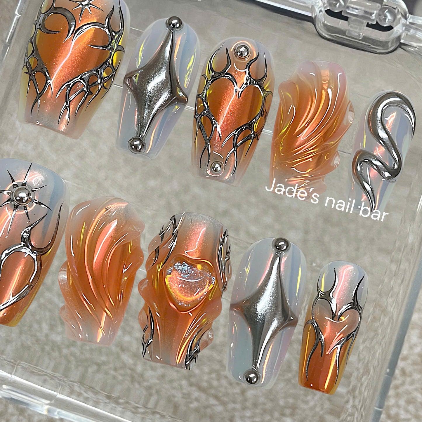 Aurora Chrome Heart Press On Nails | Futuristic Cyber Nails | Metallic Y2K Statement Nails