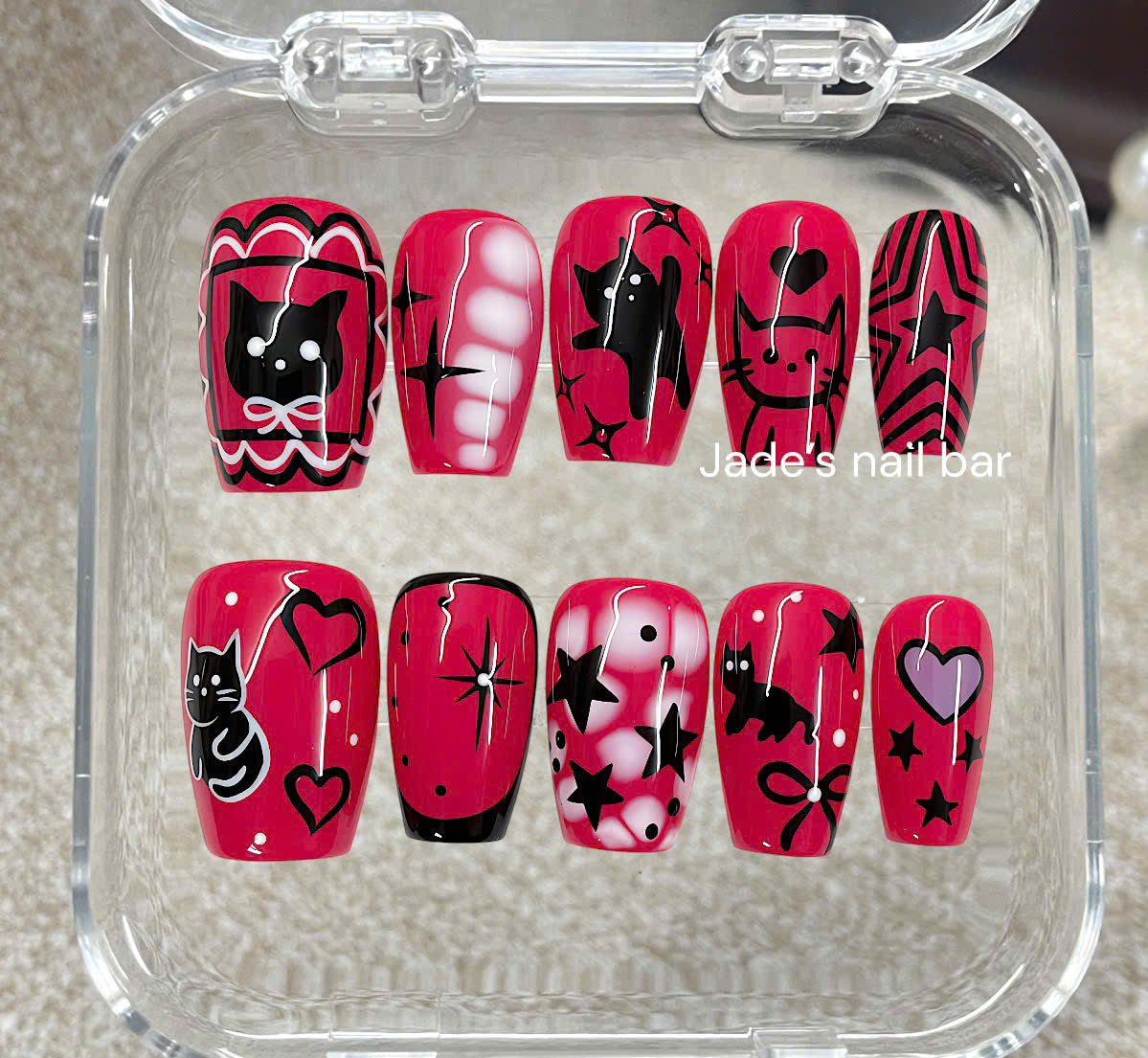 Hot Pink & Black Cat Press On Nails - Kawaii Star & Bow Design