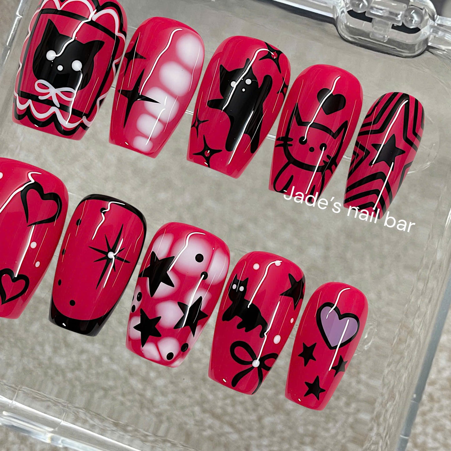 Hot Pink & Black Cat Press On Nails - Kawaii Star & Bow Design