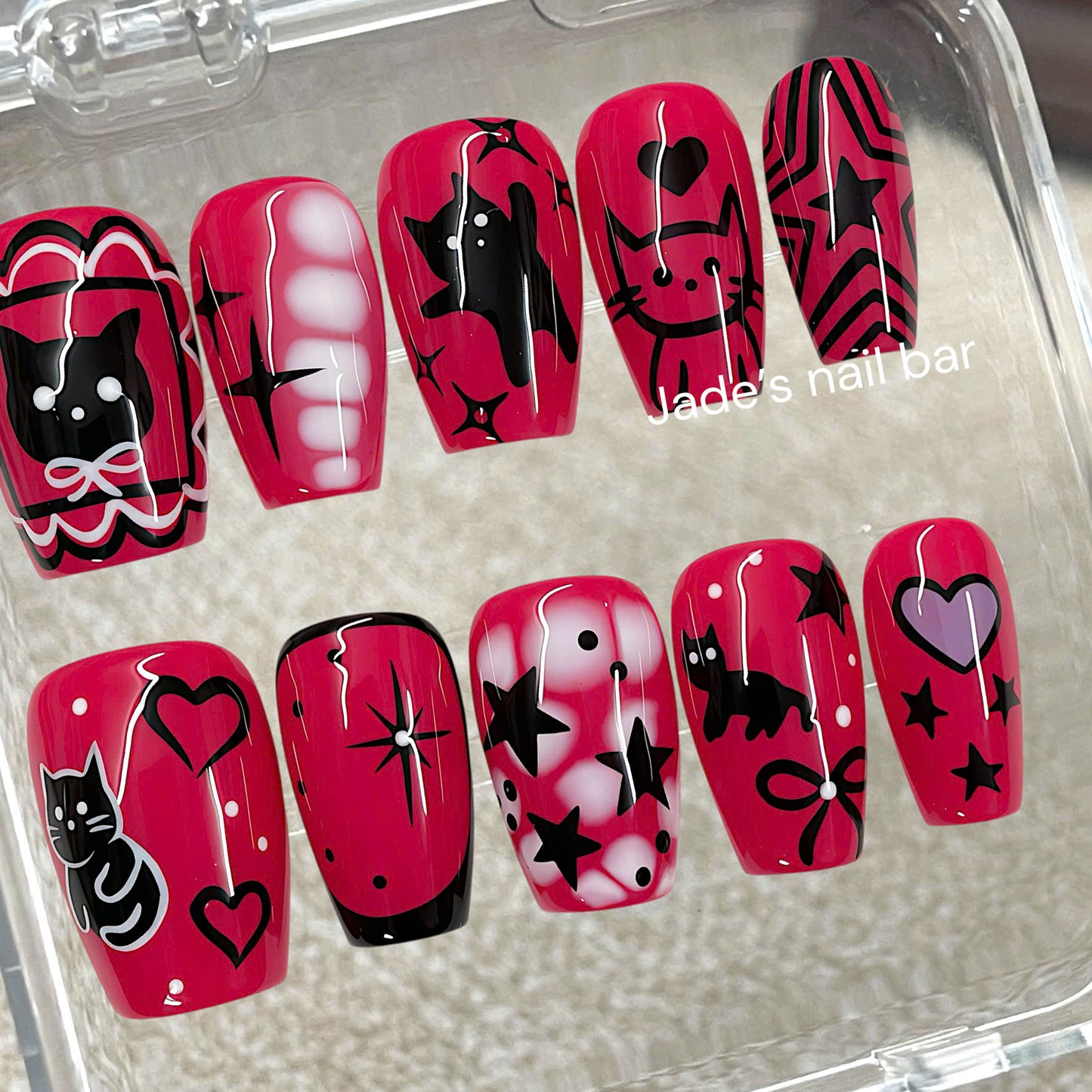 Hot Pink & Black Cat Press On Nails - Kawaii Star & Bow Design