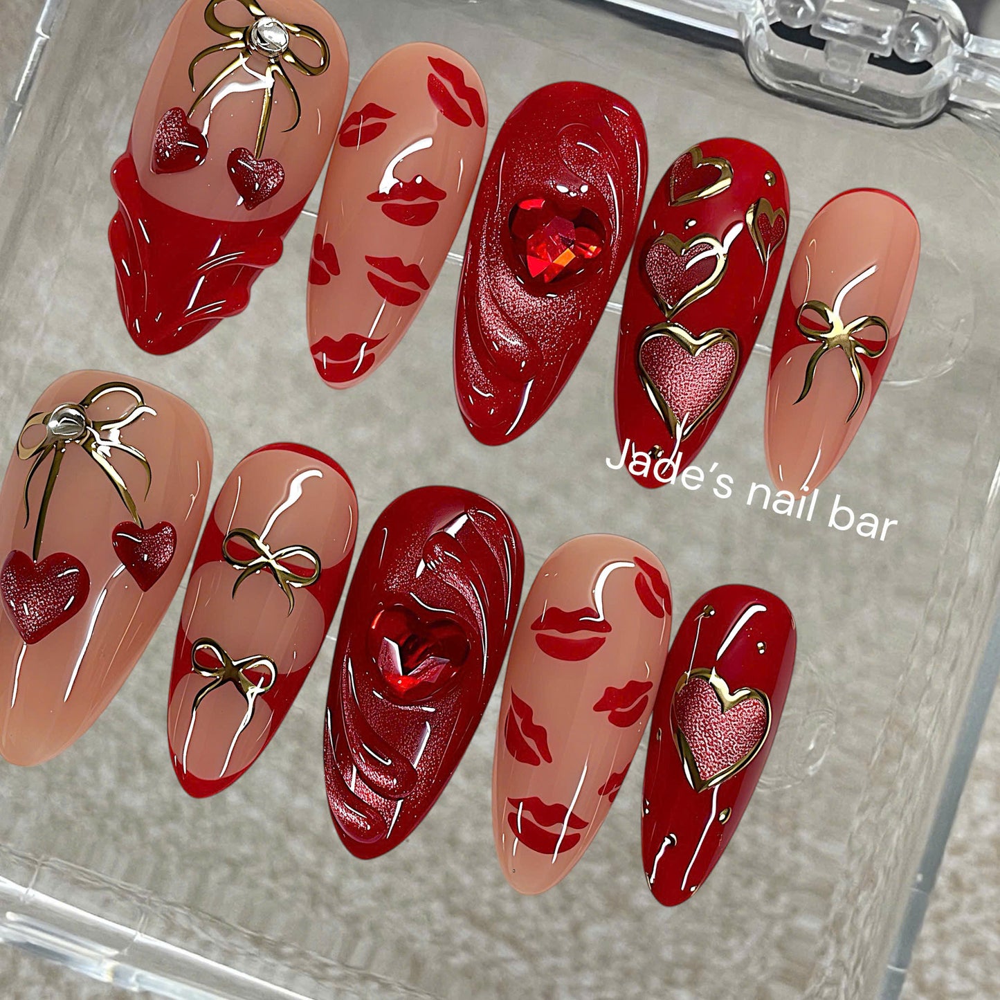 Valentine Press On Nails Red Kiss & Cherry Design - Gold Chrome Bow & Heart Cat Eye Set