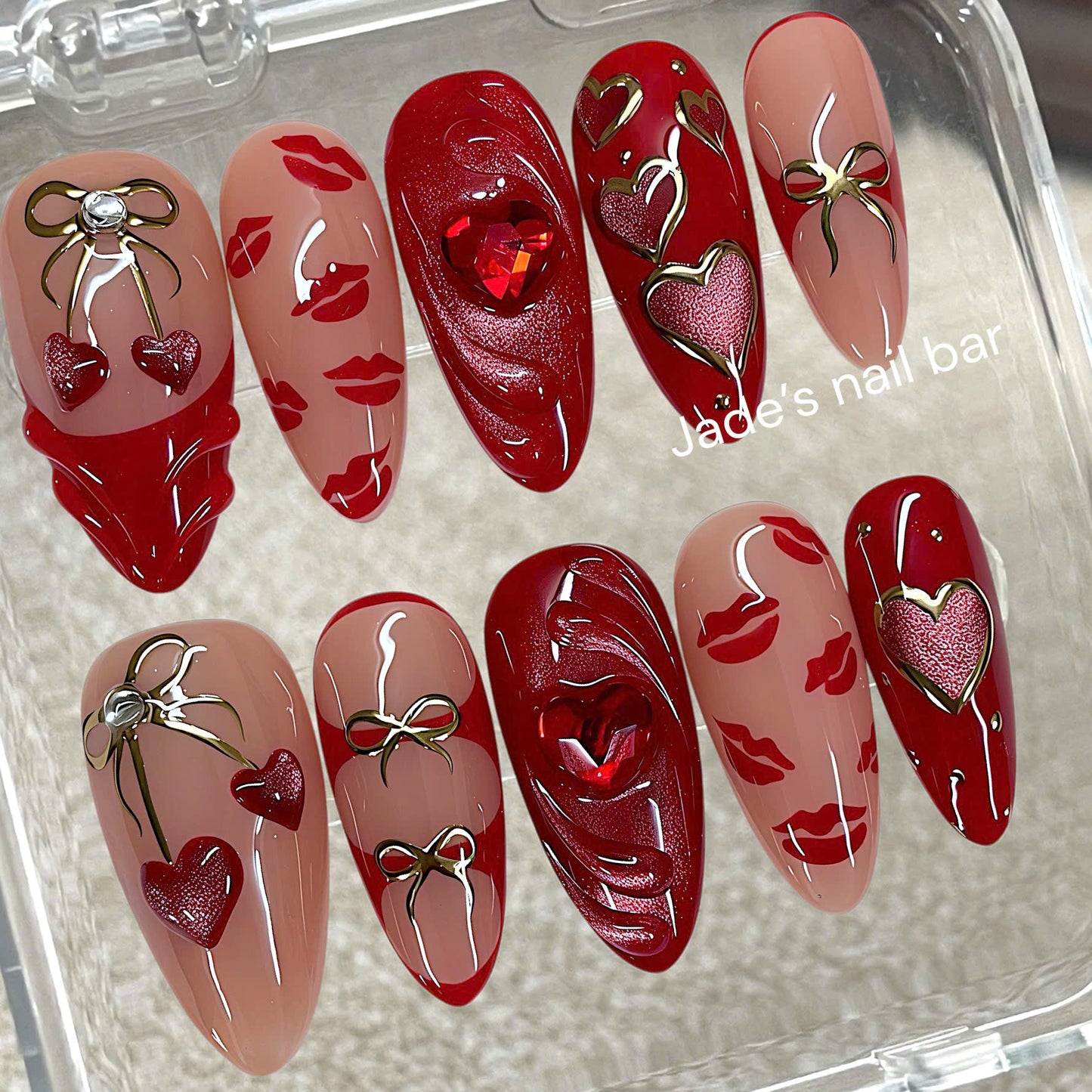 Valentine Press On Nails Red Kiss & Cherry Design - Gold Chrome Bow & Heart Cat Eye Set