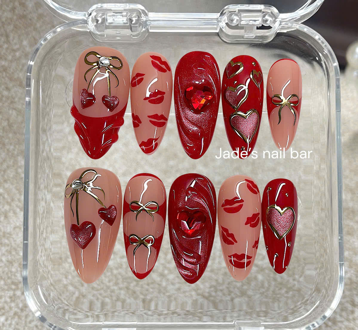 Valentine Press On Nails Red Kiss & Cherry Design - Gold Chrome Bow & Heart Cat Eye Set