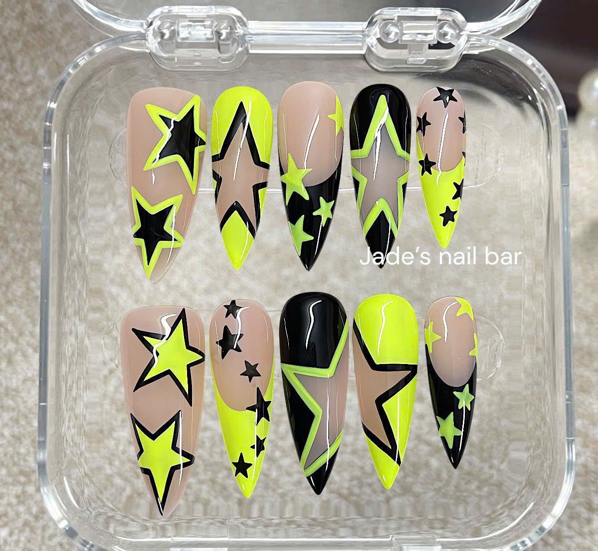 Y2K Neon Star Press On Nails | Yellow & Black Graphic, Reusable Fake Nails