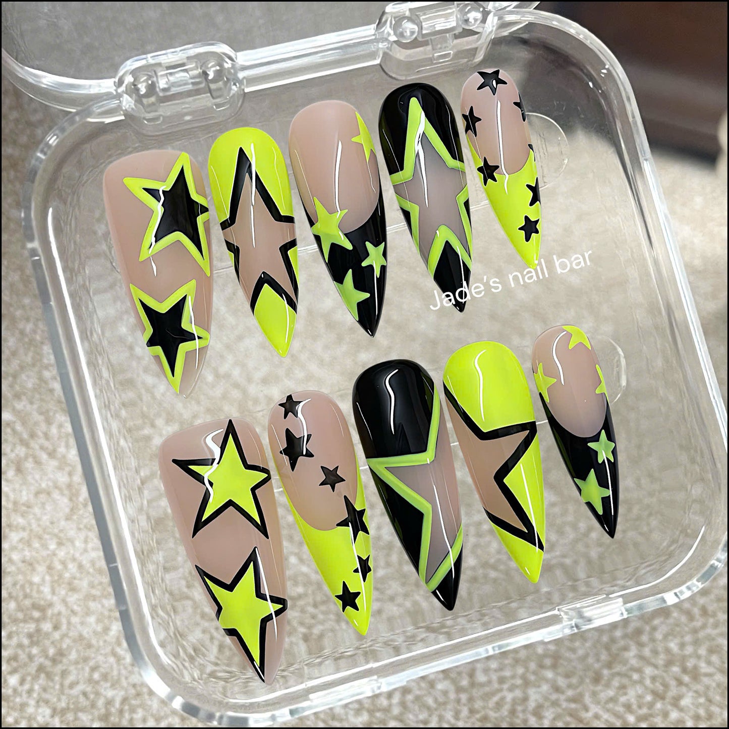 Y2K Neon Star Press On Nails | Yellow & Black Graphic, Reusable Fake Nails