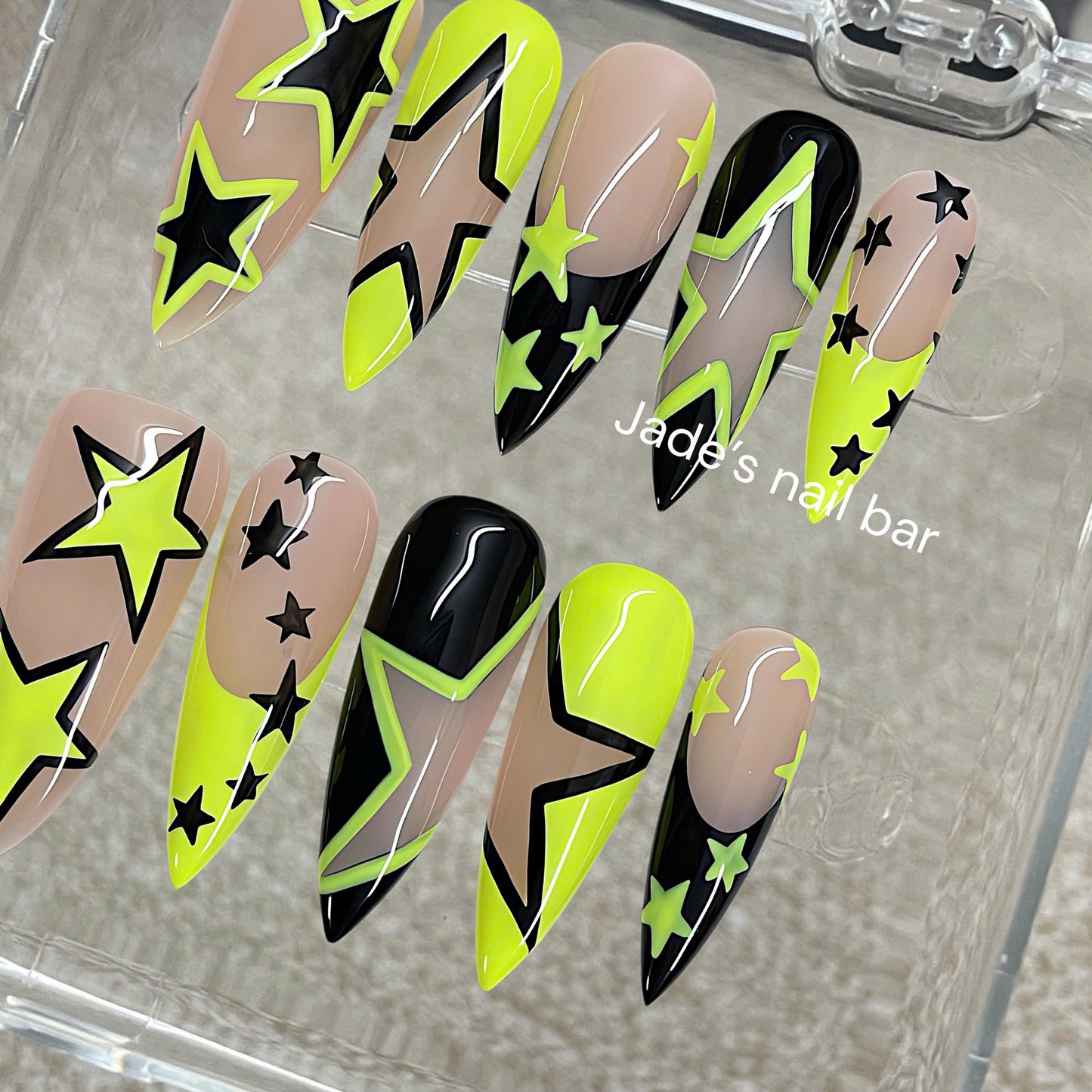 Y2K Neon Star Press On Nails | Yellow & Black Graphic, Reusable Fake Nails