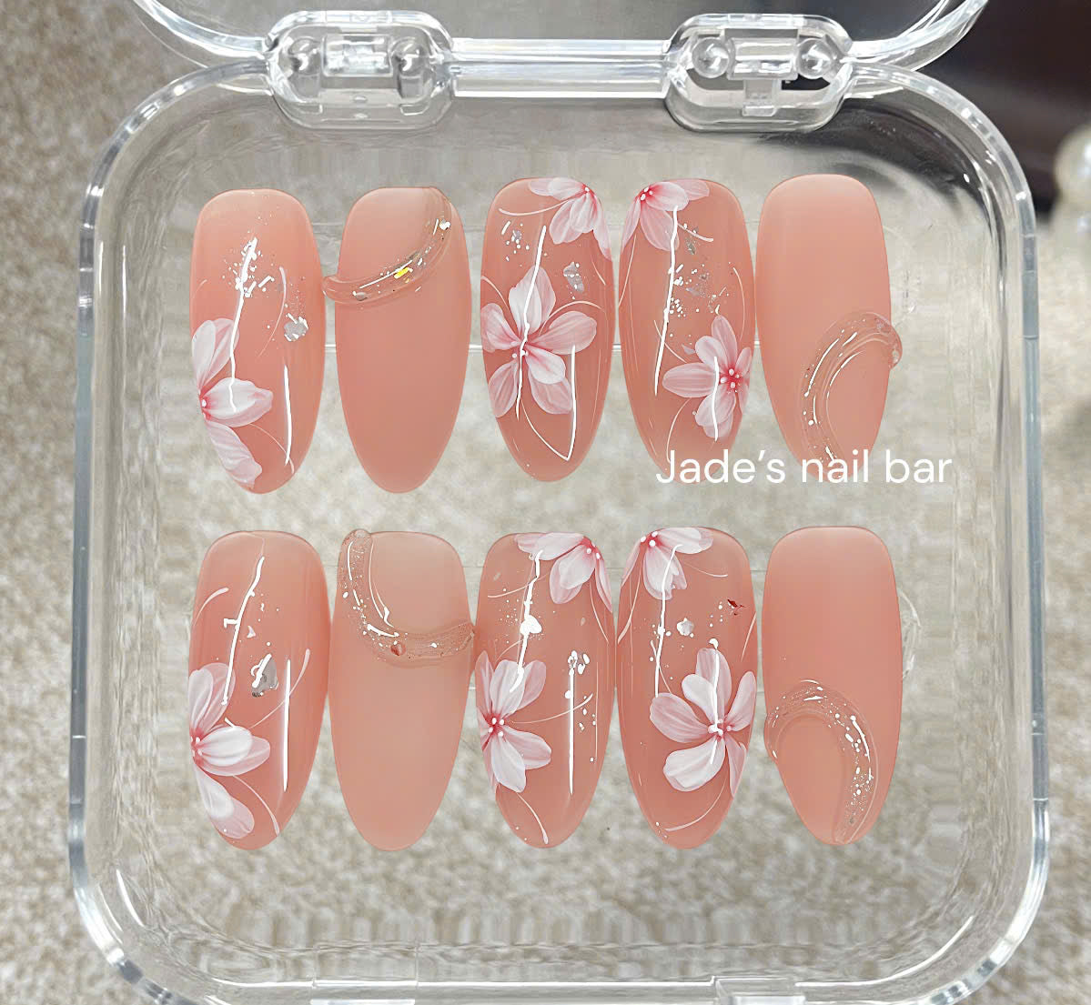 Hand Painted Floral Press On Nails | Luxury 3D Flower Almond Nails | Nude Spring Gel Nails | Reusable Fake Nails Gift for Her