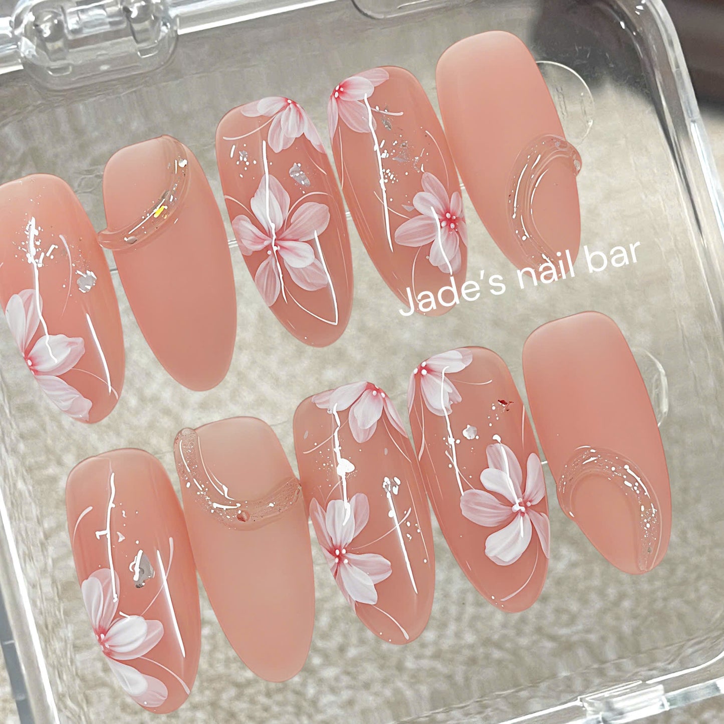 Hand Painted Floral Press On Nails | Luxury 3D Flower Almond Nails | Nude Spring Gel Nails | Reusable Fake Nails Gift for Her