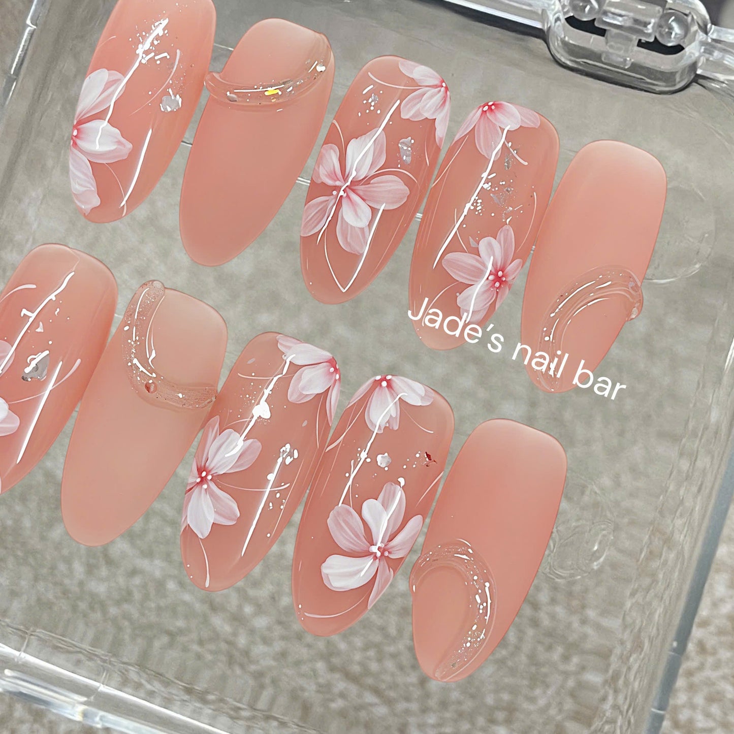 Hand Painted Floral Press On Nails | Luxury 3D Flower Almond Nails | Nude Spring Gel Nails | Reusable Fake Nails Gift for Her