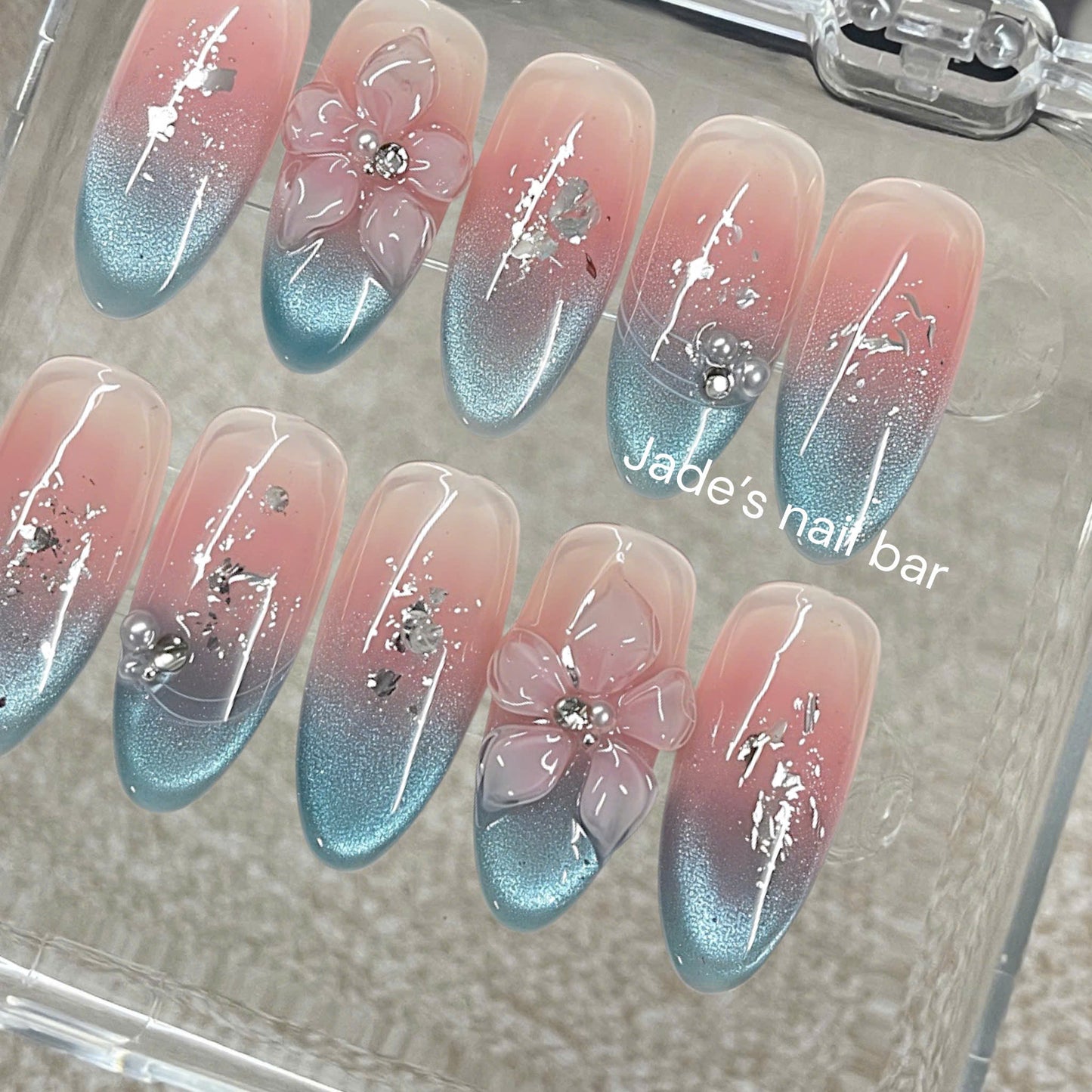 3D Sakura Press on Nails | Blue Cat Eye Ombre Fake Nails