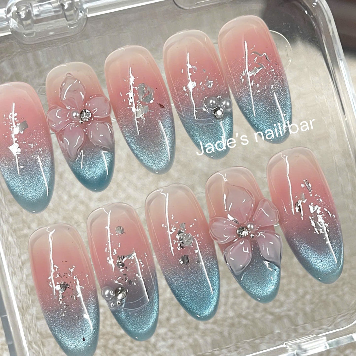 3D Sakura Press on Nails | Blue Cat Eye Ombre Fake Nails