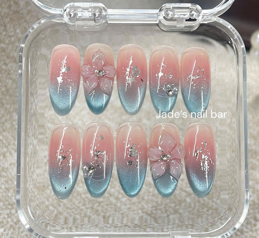 3D Sakura Press on Nails | Blue Cat Eye Ombre Fake Nails