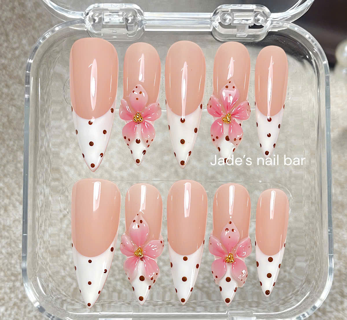 Polka Dot Press on Nails with 3D Flower and French Tips Design