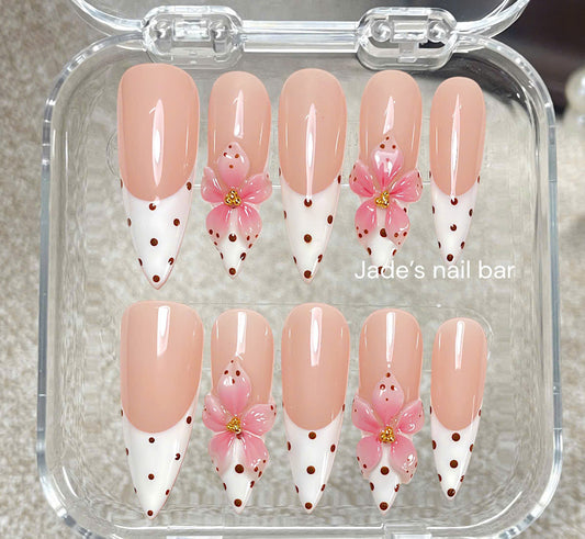 Polka Dot Press on Nails with 3D Flower and French Tips Design