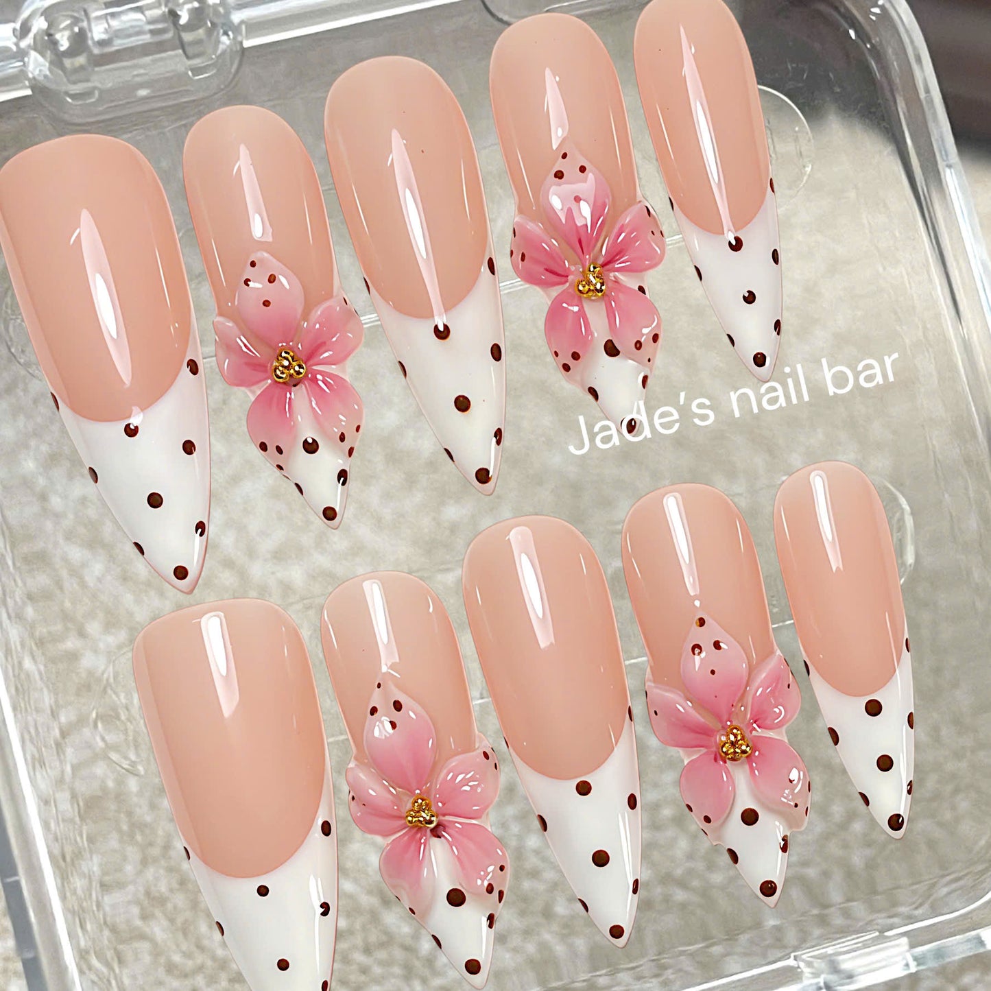 Polka Dot Press on Nails with 3D Flower and French Tips Design