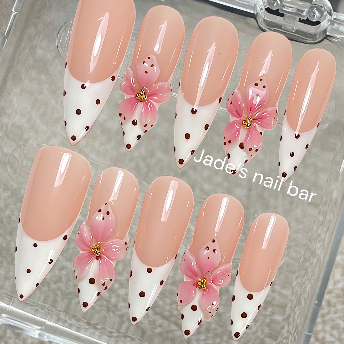 Polka Dot Press on Nails with 3D Flower and French Tips Design