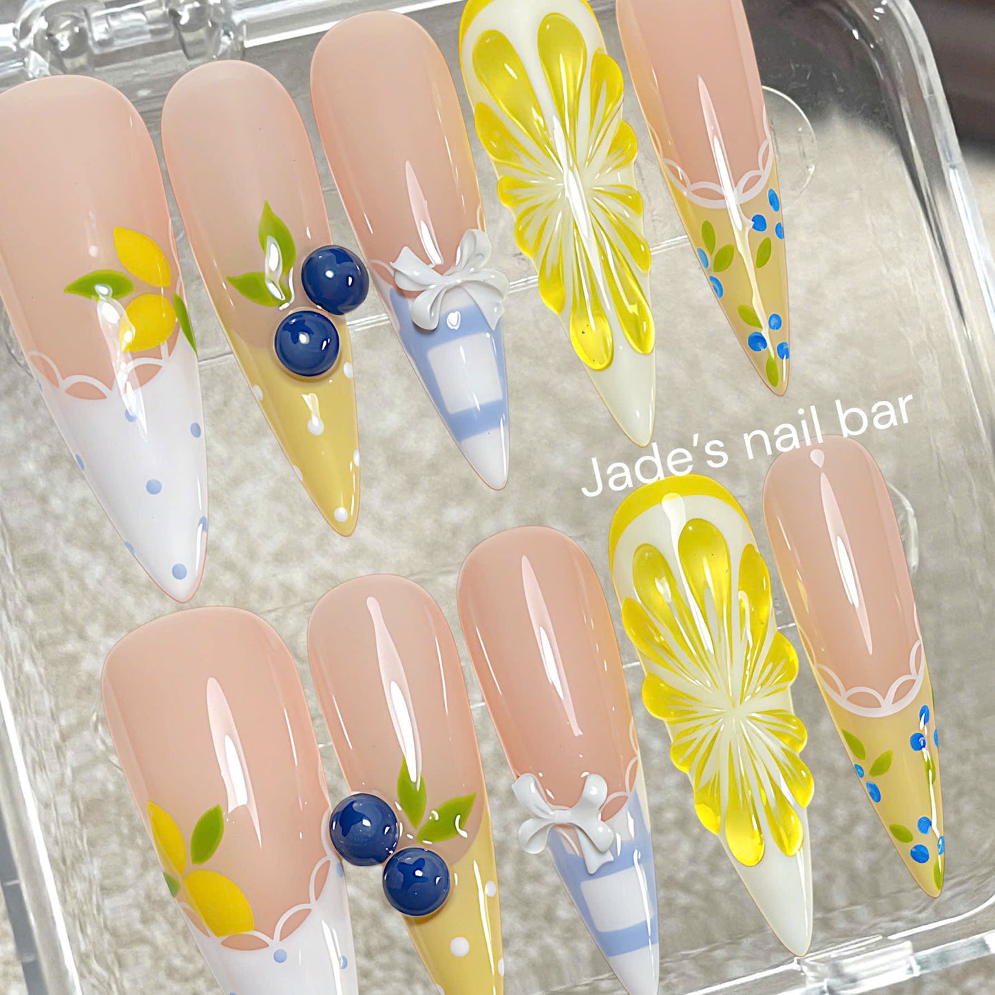 Blueberry Lemon Press On Nails | Cute 3D Fruit Floral Summer Nail Set