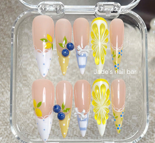 Blueberry Lemon Press On Nails | Cute 3D Fruit Floral Summer Nail Set