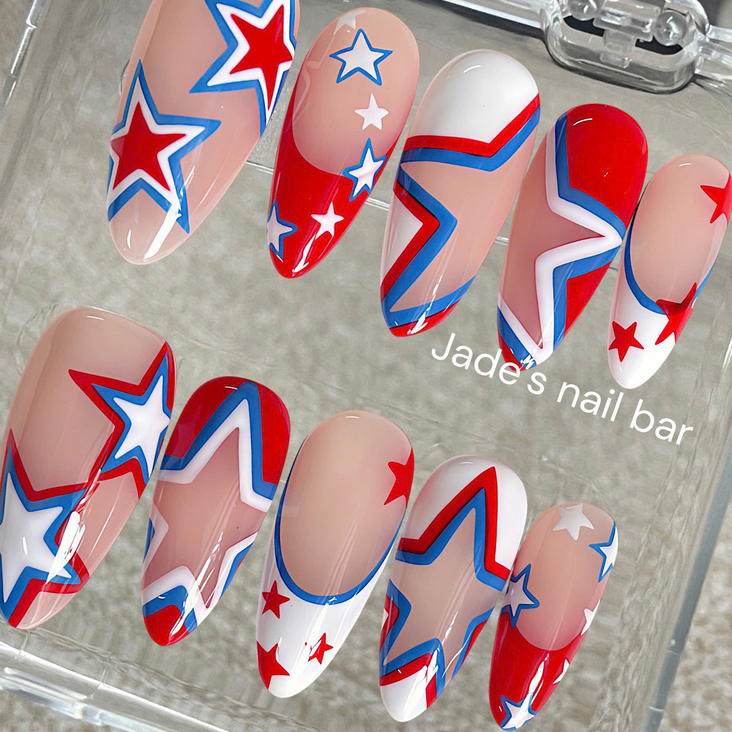 4th of July Almond Press On Nails | Red White Blue Star Independence Day Nails